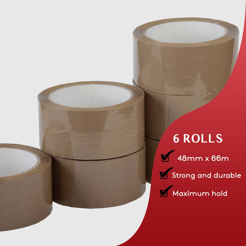 Tape Pack of 6 Rolls, 48mm x 66m Heavy-Duty Parcel Tape with Reliable Sticky Seal
