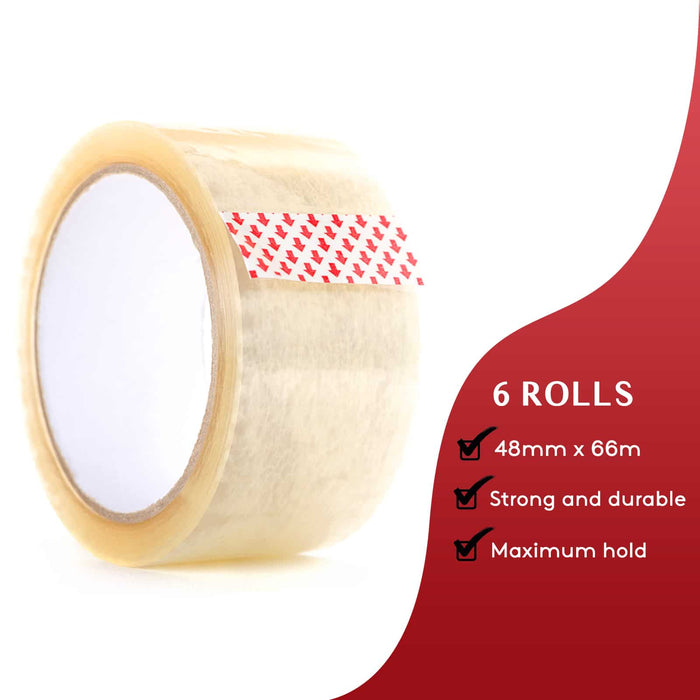 Tape Pack of 6 Rolls, 48mm x 66m Heavy-Duty Parcel Tape with Reliable Sticky Seal